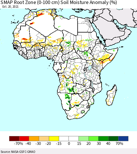 Africa SMAP Root Zone (0-100 cm) Soil Moisture Anomaly (%) Thematic Map For 10/16/2021 - 10/20/2021