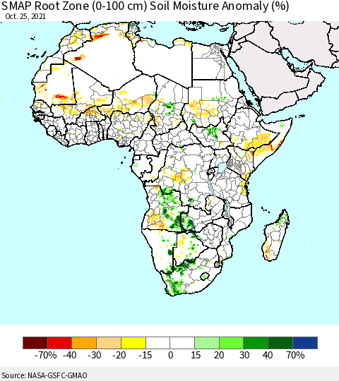 Africa SMAP Root Zone (0-100 cm) Soil Moisture Anomaly (%) Thematic Map For 10/21/2021 - 10/25/2021