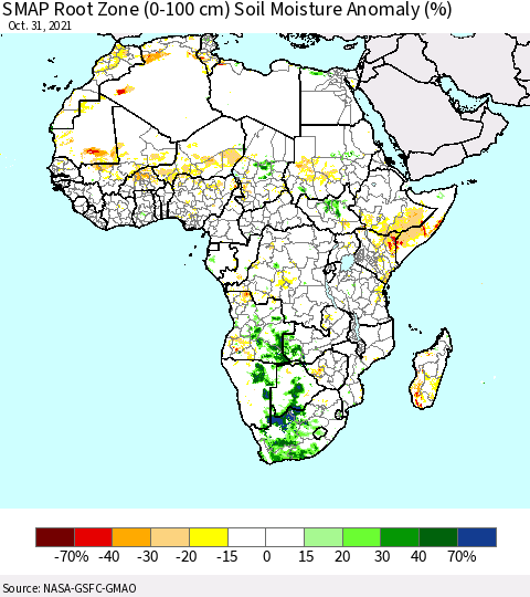 Africa SMAP Root Zone (0-100 cm) Soil Moisture Anomaly (%) Thematic Map For 10/26/2021 - 10/31/2021