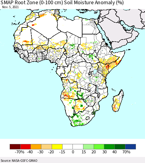 Africa SMAP Root Zone (0-100 cm) Soil Moisture Anomaly (%) Thematic Map For 11/1/2021 - 11/5/2021
