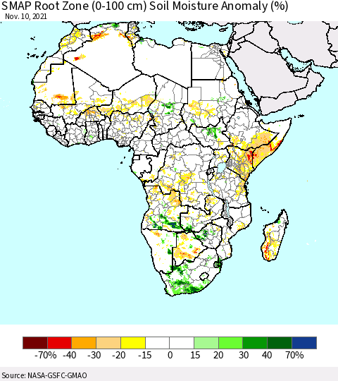 Africa SMAP Root Zone (0-100 cm) Soil Moisture Anomaly (%) Thematic Map For 11/6/2021 - 11/10/2021