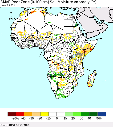 Africa SMAP Root Zone (0-100 cm) Soil Moisture Anomaly (%) Thematic Map For 11/11/2021 - 11/15/2021