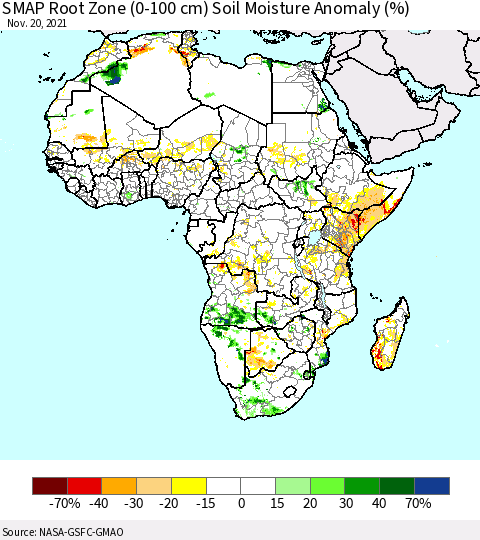Africa SMAP Root Zone (0-100 cm) Soil Moisture Anomaly (%) Thematic Map For 11/16/2021 - 11/20/2021
