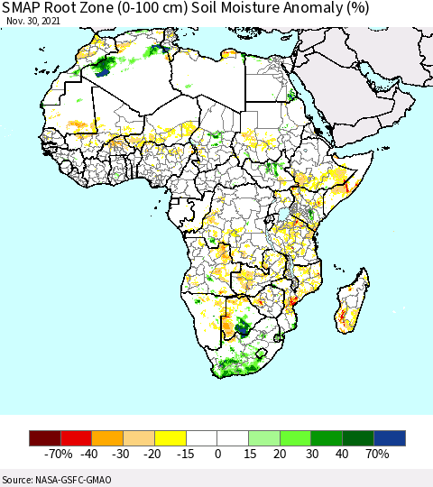 Africa SMAP Root Zone (0-100 cm) Soil Moisture Anomaly (%) Thematic Map For 11/26/2021 - 11/30/2021
