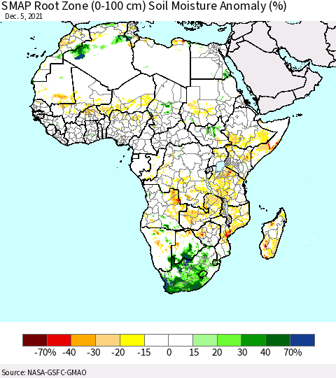 Africa SMAP Root Zone (0-100 cm) Soil Moisture Anomaly (%) Thematic Map For 12/1/2021 - 12/5/2021