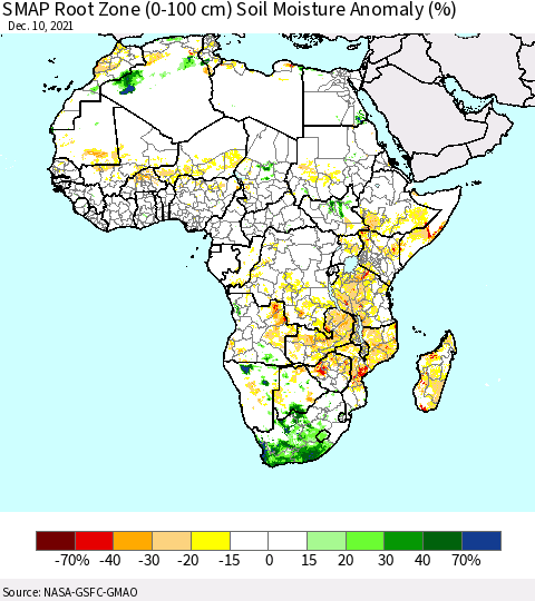 Africa SMAP Root Zone (0-100 cm) Soil Moisture Anomaly (%) Thematic Map For 12/6/2021 - 12/10/2021