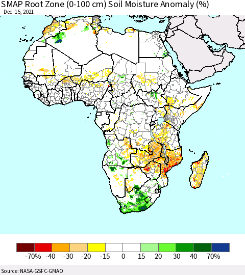 Africa SMAP Root Zone (0-100 cm) Soil Moisture Anomaly (%) Thematic Map For 12/11/2021 - 12/15/2021