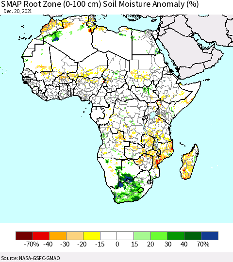 Africa SMAP Root Zone (0-100 cm) Soil Moisture Anomaly (%) Thematic Map For 12/16/2021 - 12/20/2021