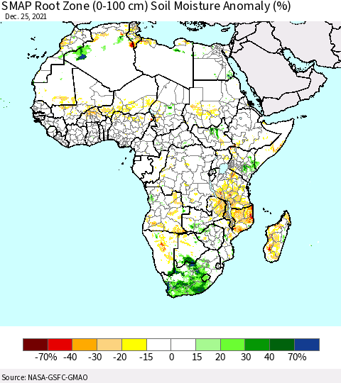 Africa SMAP Root Zone (0-100 cm) Soil Moisture Anomaly (%) Thematic Map For 12/21/2021 - 12/25/2021