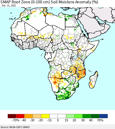 Africa SMAP Root Zone (0-100 cm) Soil Moisture Anomaly (%) Thematic Map For 12/26/2021 - 12/31/2021