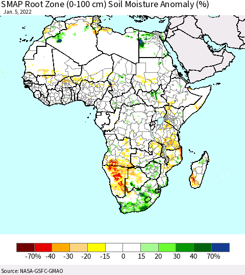 Africa SMAP Root Zone (0-100 cm) Soil Moisture Anomaly (%) Thematic Map For 1/1/2022 - 1/5/2022