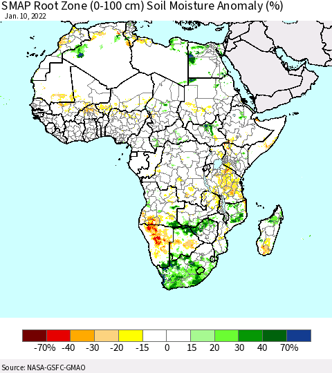 Africa SMAP Root Zone (0-100 cm) Soil Moisture Anomaly (%) Thematic Map For 1/6/2022 - 1/10/2022