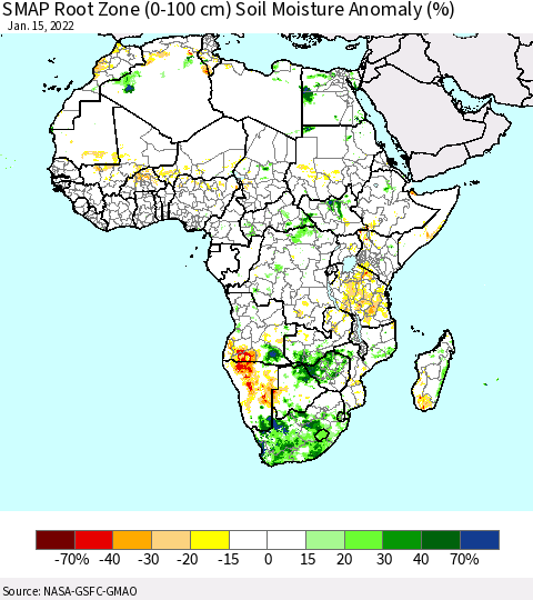 Africa SMAP Root Zone (0-100 cm) Soil Moisture Anomaly (%) Thematic Map For 1/11/2022 - 1/15/2022
