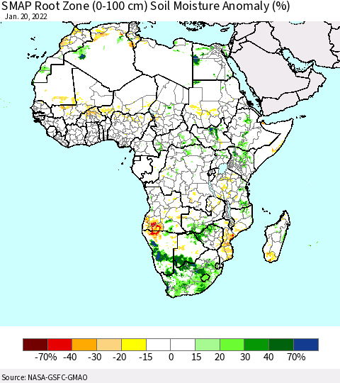 Africa SMAP Root Zone (0-100 cm) Soil Moisture Anomaly (%) Thematic Map For 1/16/2022 - 1/20/2022