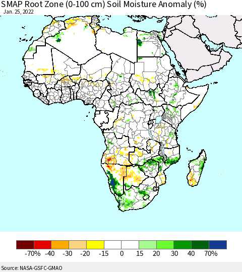 Africa SMAP Root Zone (0-100 cm) Soil Moisture Anomaly (%) Thematic Map For 1/21/2022 - 1/25/2022