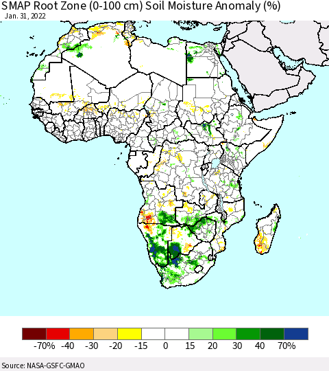 Africa SMAP Root Zone (0-100 cm) Soil Moisture Anomaly (%) Thematic Map For 1/26/2022 - 1/31/2022