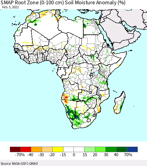 Africa SMAP Root Zone (0-100 cm) Soil Moisture Anomaly (%) Thematic Map For 2/1/2022 - 2/5/2022