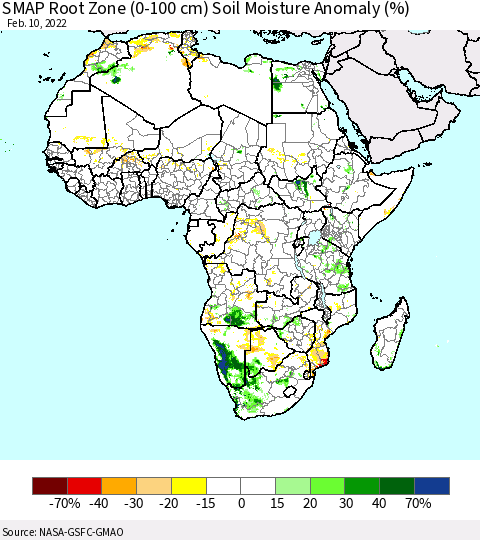 Africa SMAP Root Zone (0-100 cm) Soil Moisture Anomaly (%) Thematic Map For 2/6/2022 - 2/10/2022
