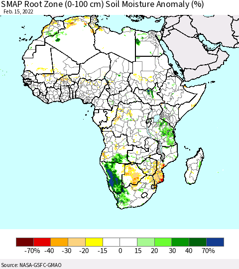 Africa SMAP Root Zone (0-100 cm) Soil Moisture Anomaly (%) Thematic Map For 2/11/2022 - 2/15/2022