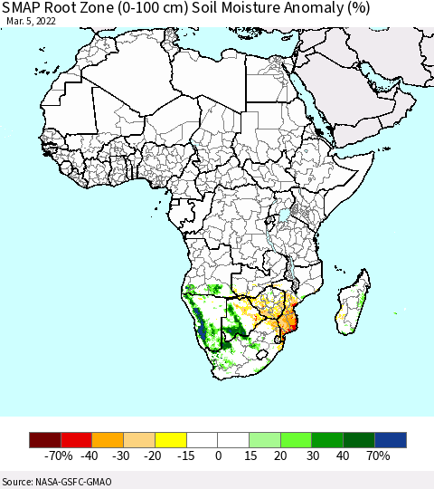 Africa SMAP Root Zone (0-100 cm) Soil Moisture Anomaly (%) Thematic Map For 3/1/2022 - 3/5/2022