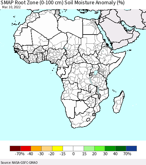 Africa SMAP Root Zone (0-100 cm) Soil Moisture Anomaly (%) Thematic Map For 3/6/2022 - 3/10/2022