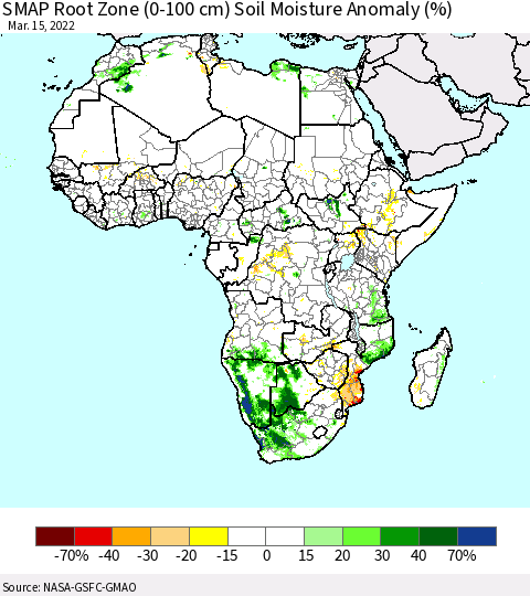 Africa SMAP Root Zone (0-100 cm) Soil Moisture Anomaly (%) Thematic Map For 3/11/2022 - 3/15/2022