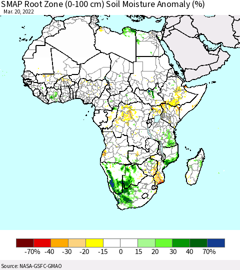 Africa SMAP Root Zone (0-100 cm) Soil Moisture Anomaly (%) Thematic Map For 3/16/2022 - 3/20/2022