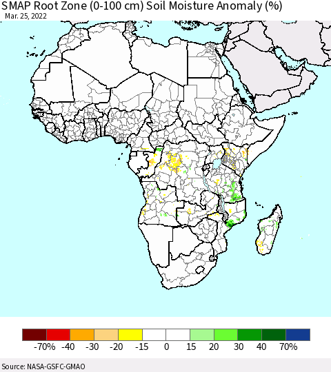 Africa SMAP Root Zone (0-100 cm) Soil Moisture Anomaly (%) Thematic Map For 3/21/2022 - 3/25/2022