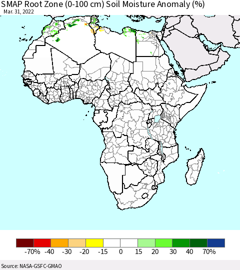 Africa SMAP Root Zone (0-100 cm) Soil Moisture Anomaly (%) Thematic Map For 3/26/2022 - 3/31/2022