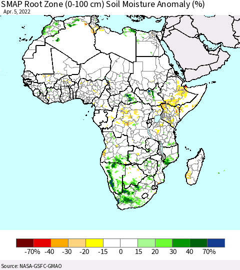 Africa SMAP Root Zone (0-100 cm) Soil Moisture Anomaly (%) Thematic Map For 4/1/2022 - 4/5/2022