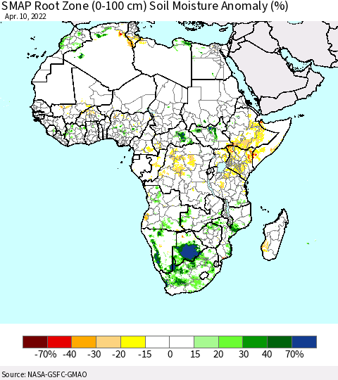 Africa SMAP Root Zone (0-100 cm) Soil Moisture Anomaly (%) Thematic Map For 4/6/2022 - 4/10/2022