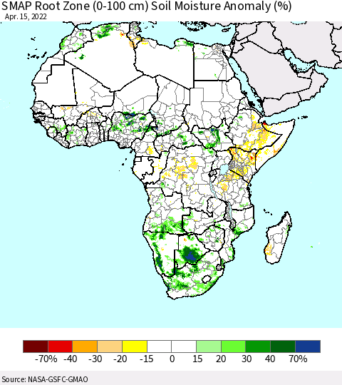 Africa SMAP Root Zone (0-100 cm) Soil Moisture Anomaly (%) Thematic Map For 4/11/2022 - 4/15/2022