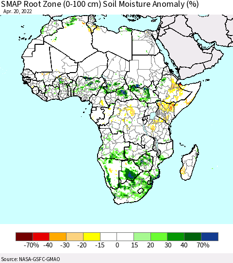 Africa SMAP Root Zone (0-100 cm) Soil Moisture Anomaly (%) Thematic Map For 4/16/2022 - 4/20/2022