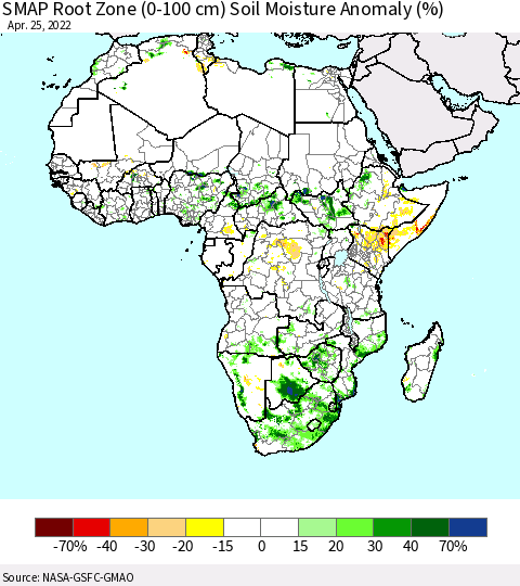 Africa SMAP Root Zone (0-100 cm) Soil Moisture Anomaly (%) Thematic Map For 4/21/2022 - 4/25/2022