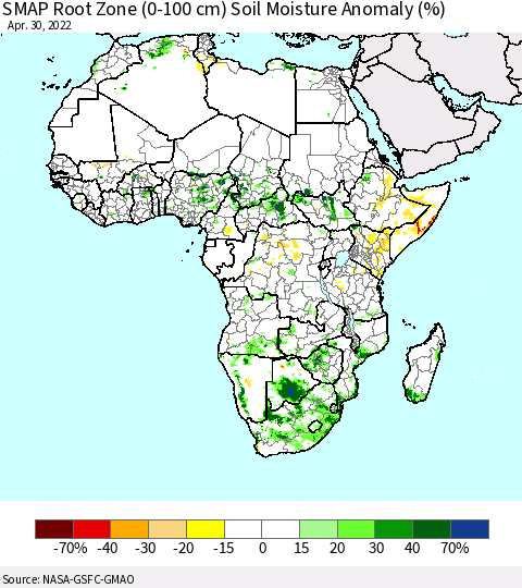 Africa SMAP Root Zone (0-100 cm) Soil Moisture Anomaly (%) Thematic Map For 4/26/2022 - 4/30/2022