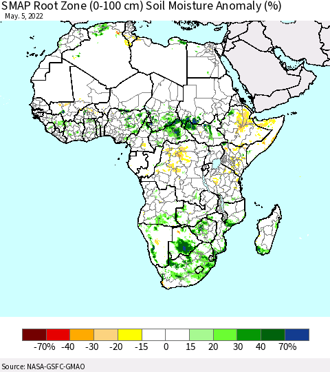 Africa SMAP Root Zone (0-100 cm) Soil Moisture Anomaly (%) Thematic Map For 5/1/2022 - 5/5/2022