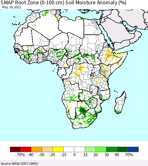 Africa SMAP Root Zone (0-100 cm) Soil Moisture Anomaly (%) Thematic Map For 5/6/2022 - 5/10/2022