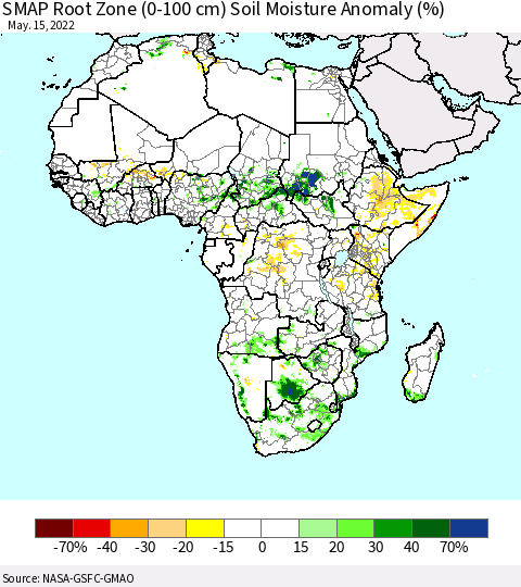 Africa SMAP Root Zone (0-100 cm) Soil Moisture Anomaly (%) Thematic Map For 5/11/2022 - 5/15/2022