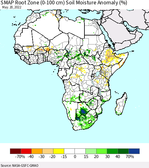 Africa SMAP Root Zone (0-100 cm) Soil Moisture Anomaly (%) Thematic Map For 5/16/2022 - 5/20/2022
