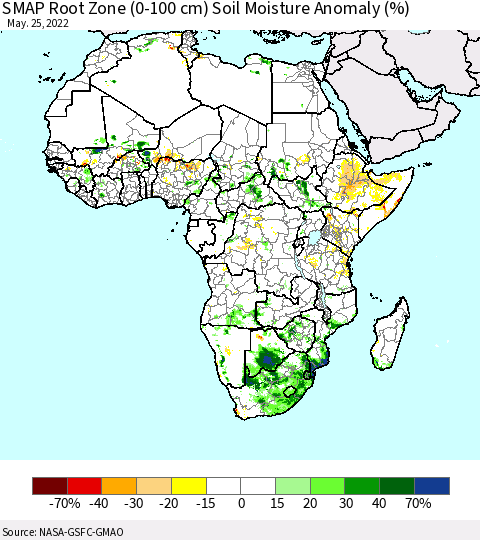 Africa SMAP Root Zone (0-100 cm) Soil Moisture Anomaly (%) Thematic Map For 5/21/2022 - 5/25/2022