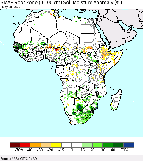 Africa SMAP Root Zone (0-100 cm) Soil Moisture Anomaly (%) Thematic Map For 5/26/2022 - 5/31/2022