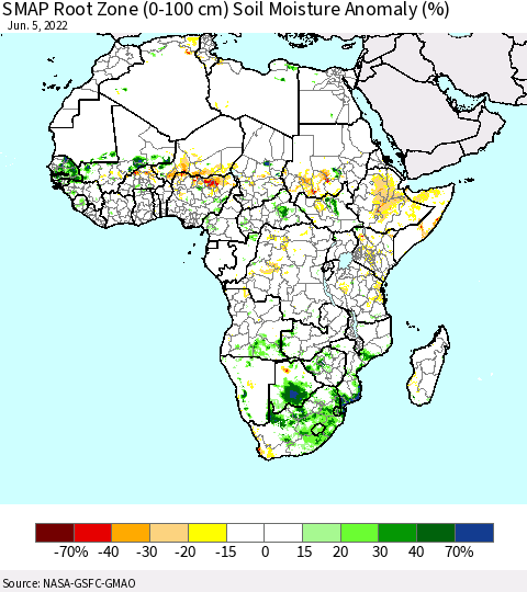 Africa SMAP Root Zone (0-100 cm) Soil Moisture Anomaly (%) Thematic Map For 6/1/2022 - 6/5/2022