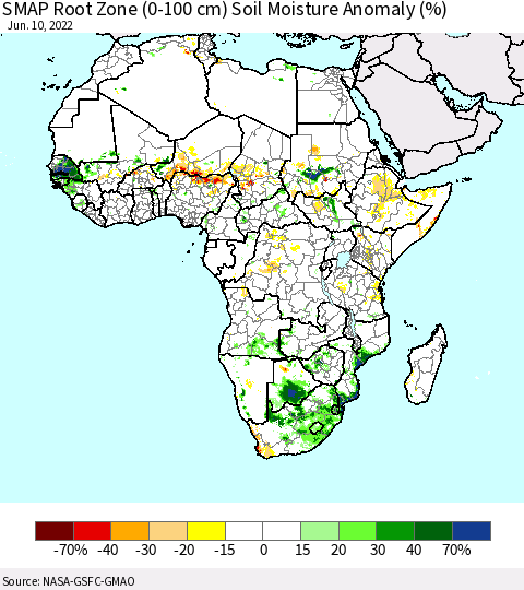 Africa SMAP Root Zone (0-100 cm) Soil Moisture Anomaly (%) Thematic Map For 6/6/2022 - 6/10/2022