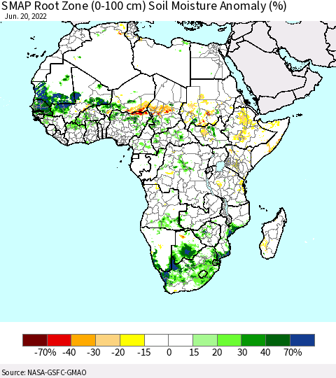 Africa SMAP Root Zone (0-100 cm) Soil Moisture Anomaly (%) Thematic Map For 6/16/2022 - 6/20/2022