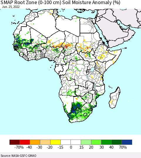Africa SMAP Root Zone (0-100 cm) Soil Moisture Anomaly (%) Thematic Map For 6/21/2022 - 6/25/2022