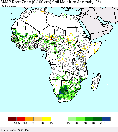 Africa SMAP Root Zone (0-100 cm) Soil Moisture Anomaly (%) Thematic Map For 6/26/2022 - 6/30/2022