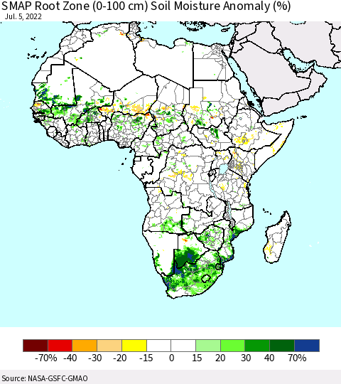 Africa SMAP Root Zone (0-100 cm) Soil Moisture Anomaly (%) Thematic Map For 7/1/2022 - 7/5/2022