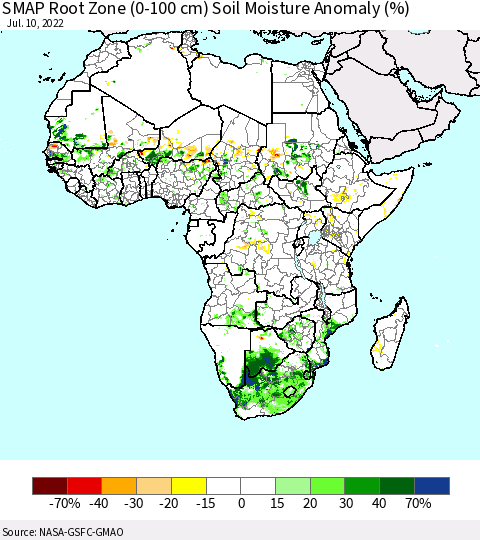 Africa SMAP Root Zone (0-100 cm) Soil Moisture Anomaly (%) Thematic Map For 7/6/2022 - 7/10/2022