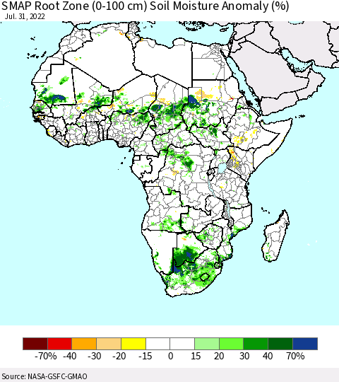 Africa SMAP Root Zone (0-100 cm) Soil Moisture Anomaly (%) Thematic Map For 7/26/2022 - 7/31/2022