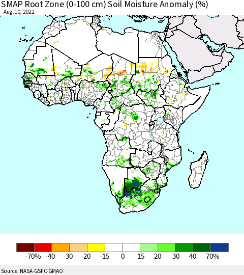 Africa SMAP Root Zone (0-100 cm) Soil Moisture Anomaly (%) Thematic Map For 8/6/2022 - 8/10/2022